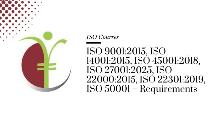 Course banner for 'ISO Courses ISO 9001:2015, ISO 14001:2015, ISO 45001:2018, ISO 27001:2025, ISO 22000:2015, ISO 22301:2019, ISO 50001 – Requirements' under ISO Courses for SHEQ INTEGRATED TRAINING